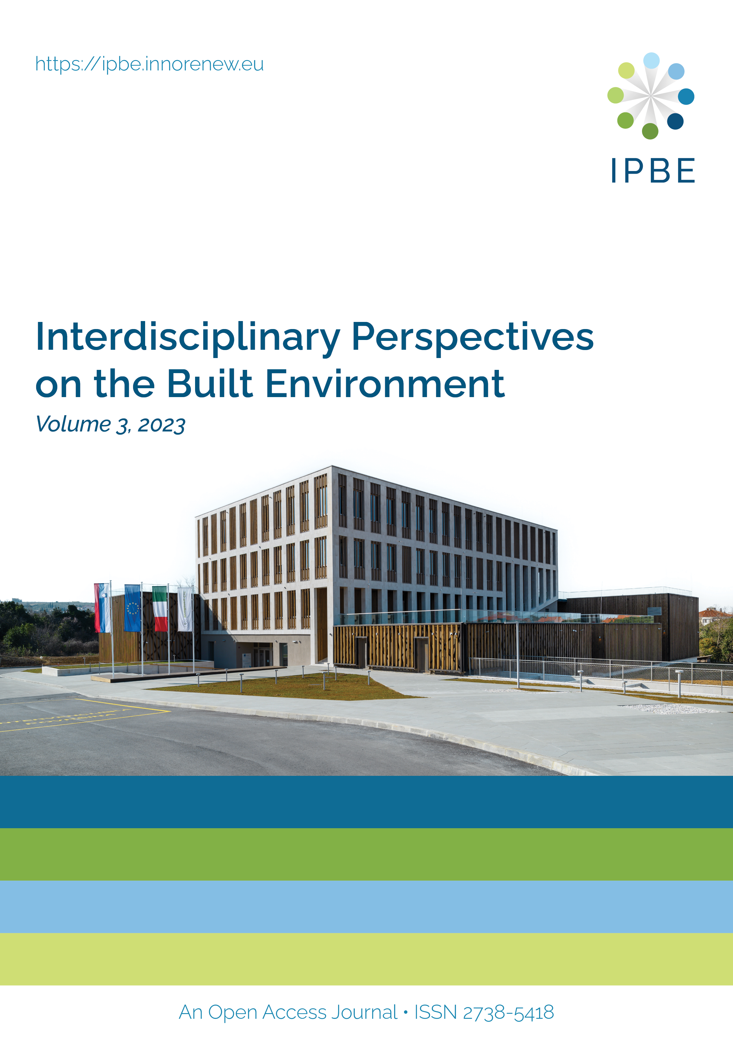 IPBE issue cover of volume 3, featuring a photo of the InnoRenew CoE building on a white background. There are four coloured stripes below the photo alternating between blue and green.
